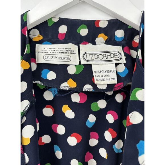 Liz Roberts Vintage Dress Womens Large XL Blue Polka Dot Pleated Button Front - Picture 2 of 15